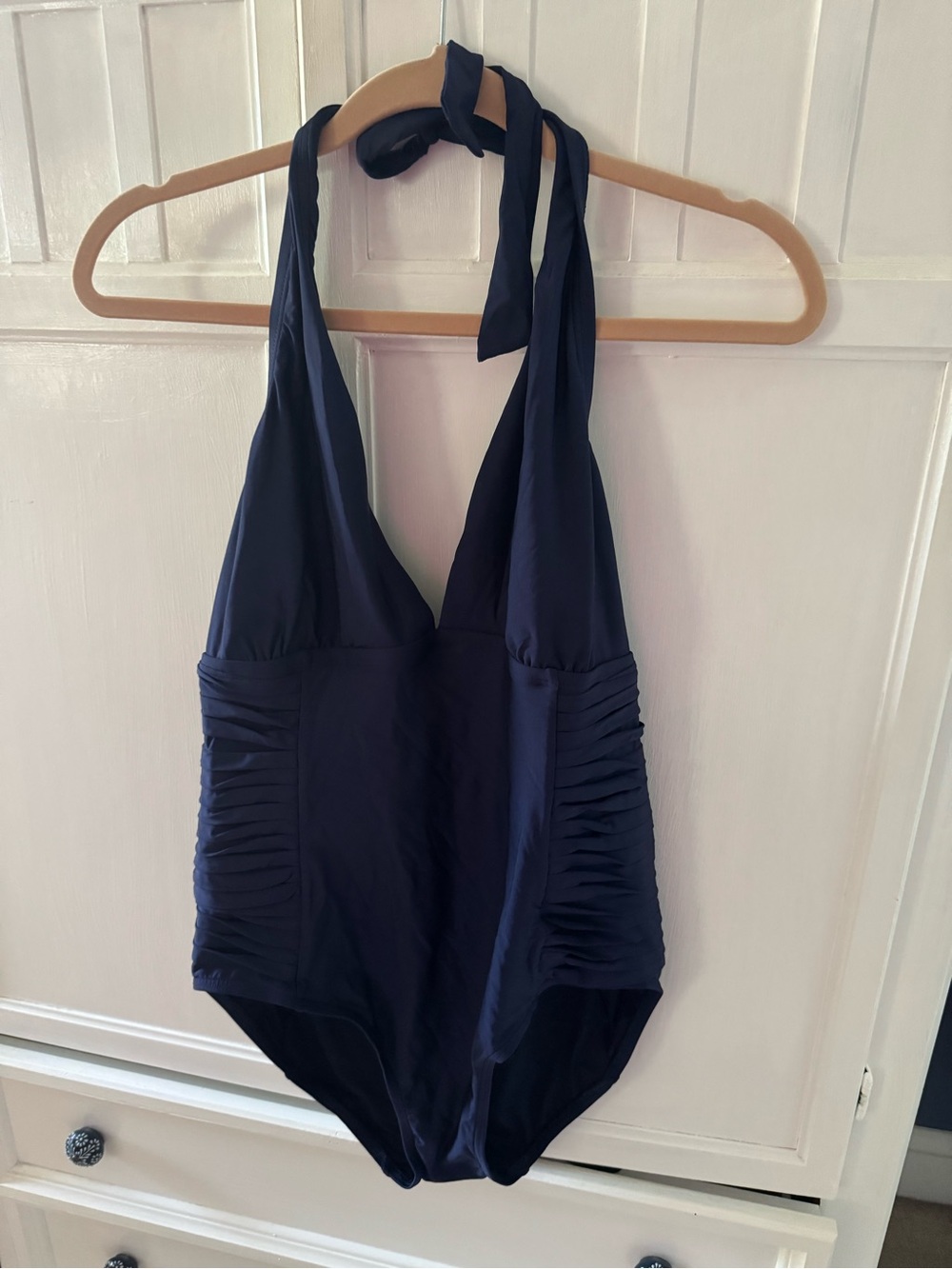 Calvin Klein Navy Halter One-Piece Swimsuit with Ruched Sides